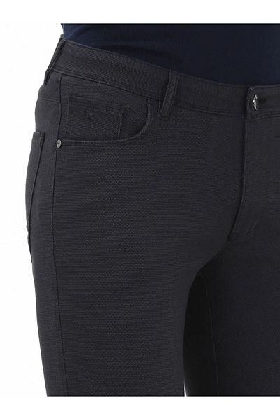 Kip Navy Blue Woven Slim Fit Casual Cotton Blend Trousers