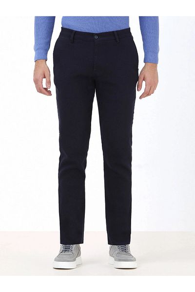 Kip Navy Blue Woven Slim Fit Casual Cotton Blend Trousers