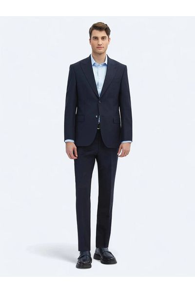 Kip Navy Blue Straight Modern Fit Wool Blended Suit