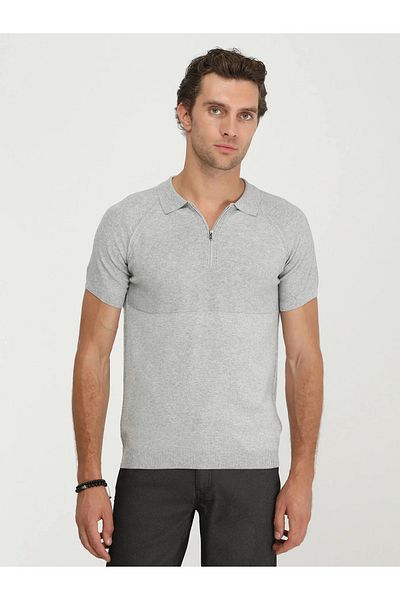 Kip Tricotaj jacquard gri cu gât polo