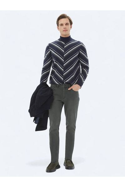 Kip Khaki Slim Fit Denim Cotton Trousers