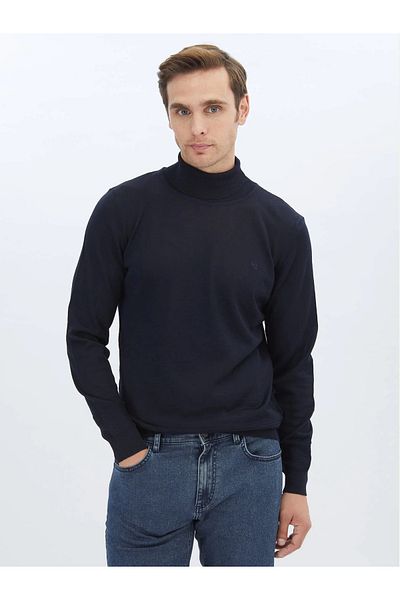 Kip Navy Blue Full Turtleneck Wool Blended Sweater