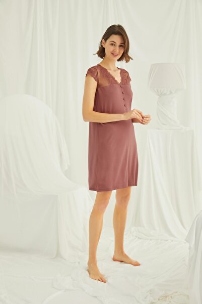 MONAMİSE Nightgown with Embroidered Lace on the Collar and Shoulder, Buttoned...