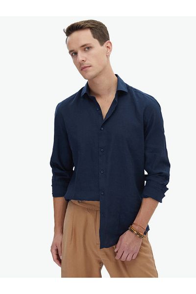 Kip Πουκάμισο με υφαντό casual βαμβακερό μείγμα Navy Blue Plain Regular Fit