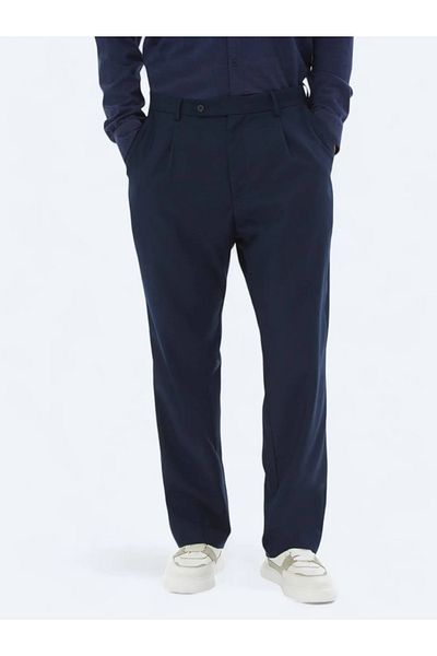 Kip Navy Blue Woven Loose Fit Casual Trousers