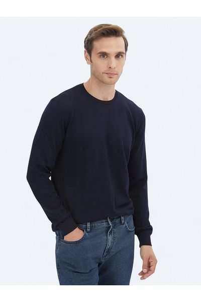 Kip Navy Blue Crew Neck Plain Knit Wool Blended Sweater