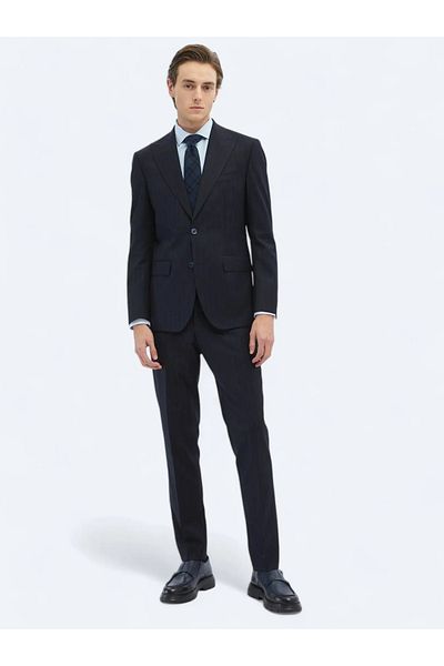 Kip Navy Blue Striped Modern Fit Wool Blend Suit