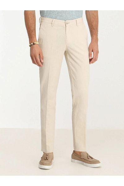Kip Beige Woven Slim Fit Casual Cotton Blend Trousers
