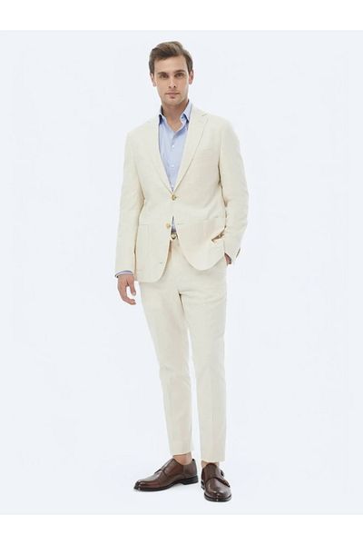 Kip Ecru Patterned Modern Fit Cotton Blended Suit