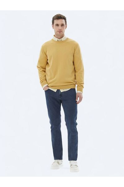 Kip Yellow Crew Neck Plain Knit Wool Blended Sweater