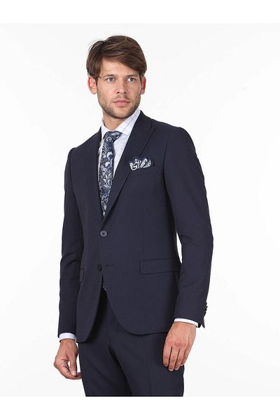 Kip Navy Blue Patterned Slim Fit Suit
