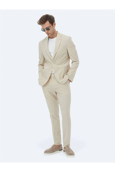 Kip Beige Striped Modern Fit Suit