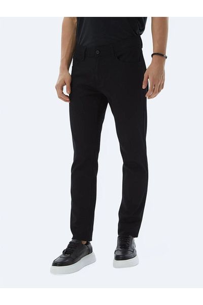 Kip Black Plain Woven Slim Fit Casual Cotton Blended Trousers