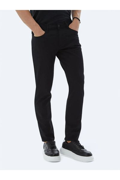 Kip Black Plain Woven Slim Fit Casual Cotton Blended Trousers