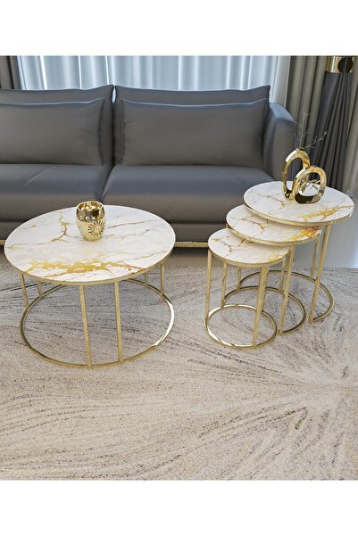 Puklife Ceylin 4lü Zigon Orta Sehpa Seti Gold Renk Metal Ayak, Sarı Mermer De...