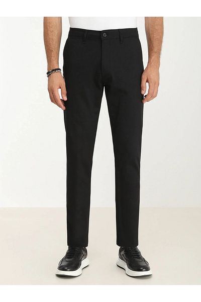 Kip Black Plain Weave Regular Fit Casual Cotton Blend Trousers