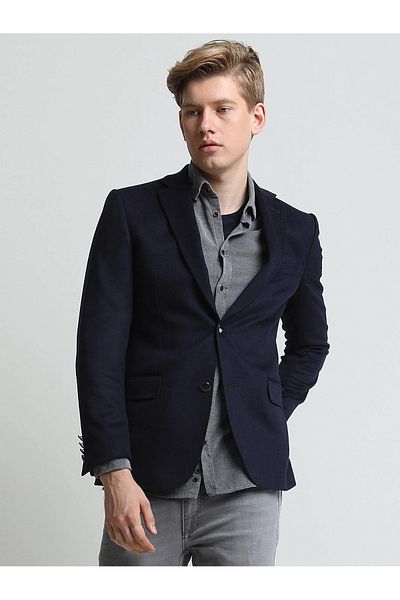 Kip Navy Blue Plain Modern Fit Wool Blend Jacket