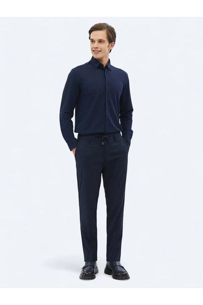 Kip Navy Blue Patterned Woven Jogging Fit Casual Trousers