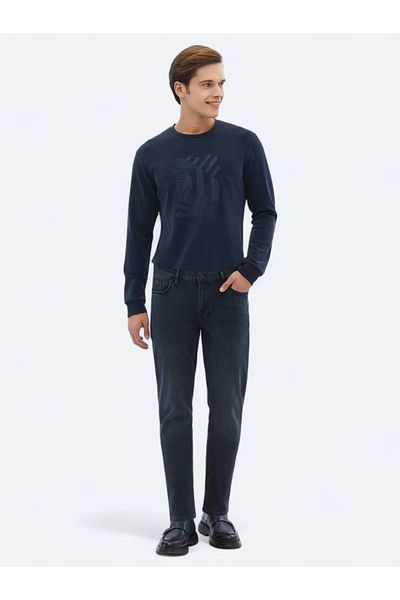 Kip Navy Blue Slim Fit Denim Cotton Blended Trousers