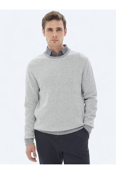Kip Ecru Crew Neck Patterned Cotton Blend Sweater