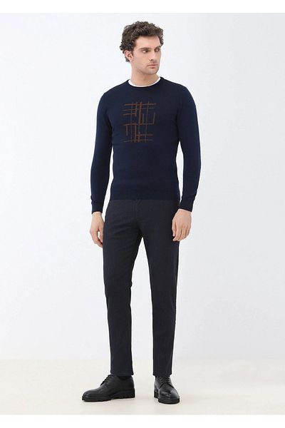 Kip Navy Blue Crew Neck Wool Blended Sweater