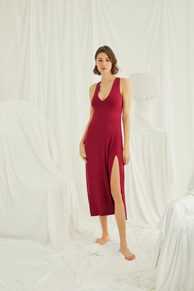 MONAMİSE Chest and Back Low-Cut Lace Slit Strap Nightdress