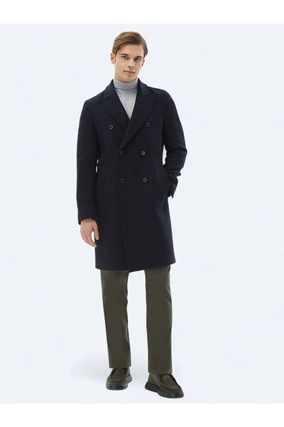 Kip Woven Double Breasted Navy Blue Coat