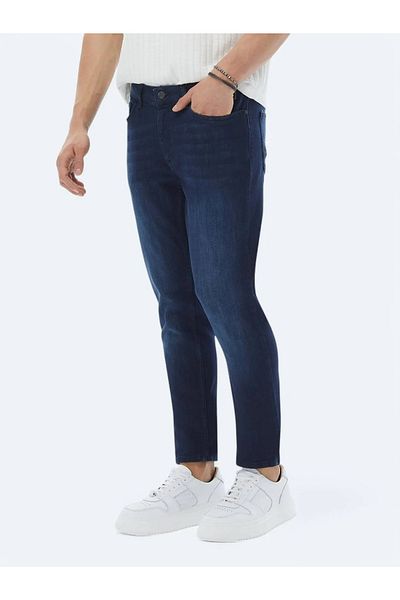 Kip Navy Blue Slim Fit Denim Cotton Blended Trousers