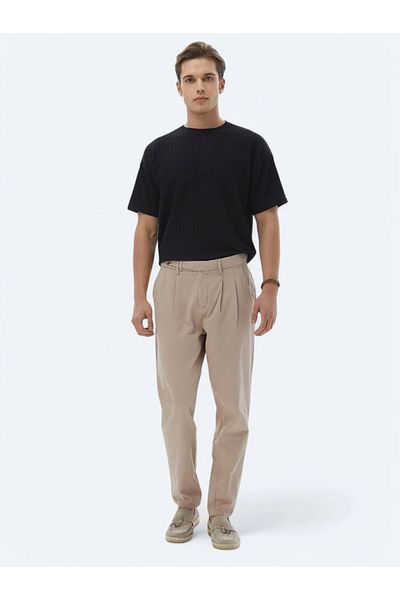Kip Light Brown Woven Carrot Fit Smart Casual 100% Cotton Trousers