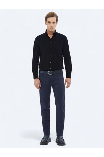 Kip Μπλε ναυτικό ριγέ Regular Fit Woven Velvet Casual πουκάμισο από 100% βαμβάκι