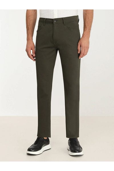 Kip Khaki Straight Woven Slim Fit Casual Cotton Blended Pants
