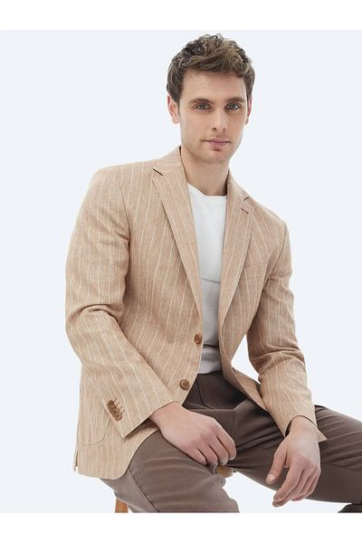 Kip Modern Fit Brick Striped Cotton Blend Jacket