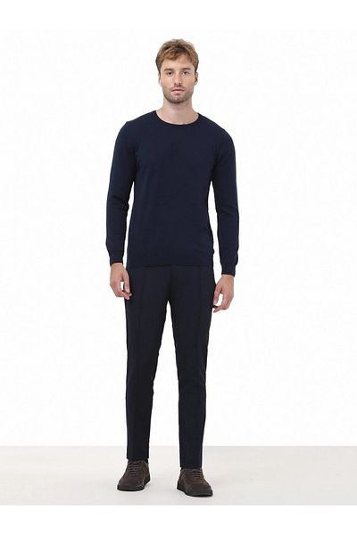 Kip Navy Blue Crew Neck Cotton Blended Sweater