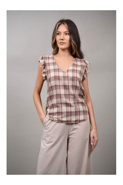 FASHIONLAND Nimble Beige Multicolor Checkered T-Shirt One Size