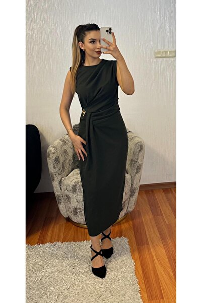 SHINE STYLE Bel Detaylı Drapeli Midi Boy Kalem Elbise Haki