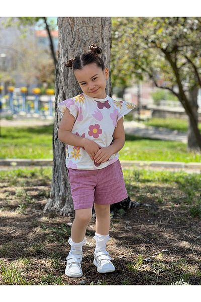 Pollito Girl's Floral Print Ruffle T-Shirt and Muslin Shorts Set of 2
