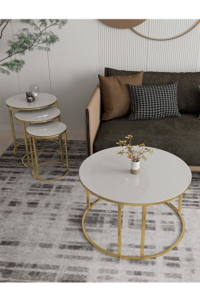 Puklife Ceylin 4lü Zigon Ve Orta Sehpa Seti Gold Ayak Beyaz Cam