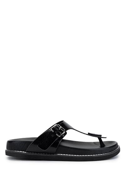 Tamer Tanca Women's Genuine Leather Black Patent Leather Flip Flops