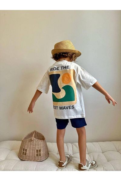 2kids2mom Back Print Detailed Bottom Fabric Muslin Fabric Boys' T-Shirt and Shorts Bottom Top Set