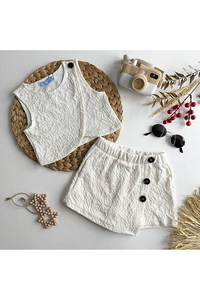 2kids2mom La'Ciel Paris Crop and Shorts Skirt Patterned White Girl's Suit