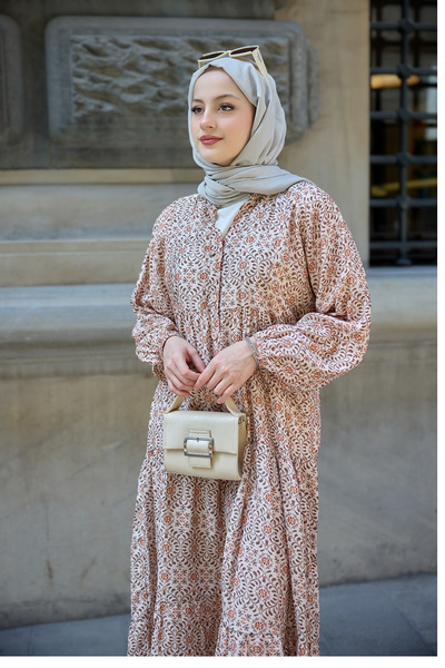 LOCCO Women's Geometric Motif Pattern Dress Light Brown