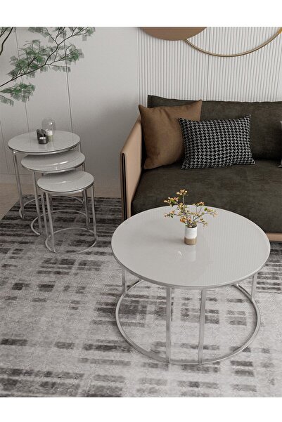 Puklife Ceylin 4lü Zigon Ve Orta Sehpa Seti Gümüş Ayak Beyaz Cam