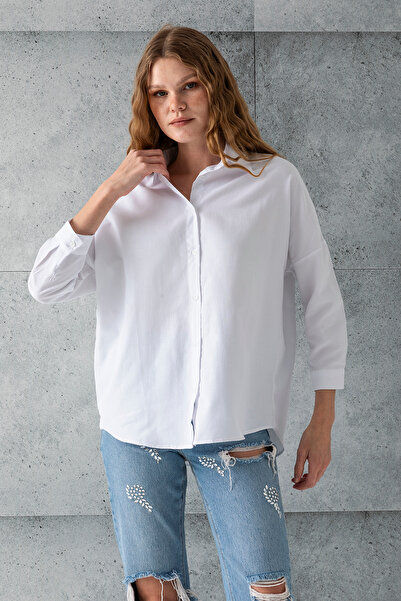 GİYSA Cămașă supradimensionată din bumbac, albă, cu mânecă lungă, pentru femei - 3900