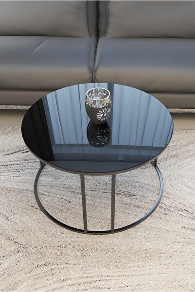 Puklife Ceylin Orta Sehpa Siyah Renk Metal Ayak, Siyah Cam