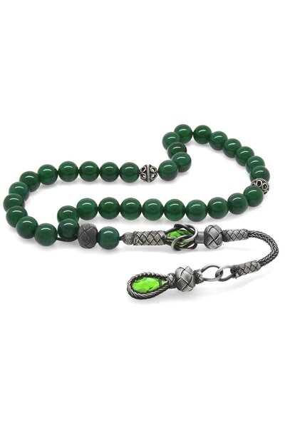 Tesbihane Χάντρες προσευχής από φυσική πέτρα από πράσινο αχάτη 1000 ασήμι 925 με φούντα και σφαίρα κοπής