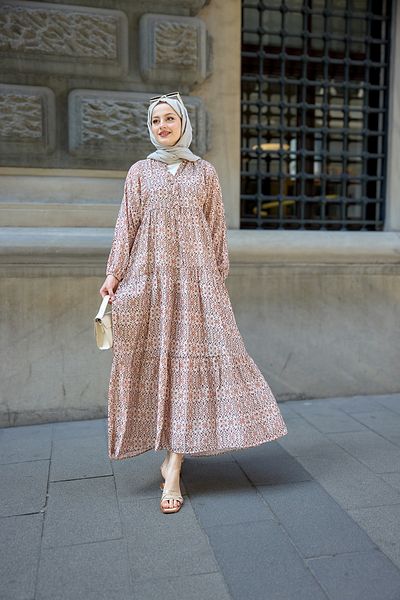 LOCCO Women's Geometric Motif Pattern Dress Light Brown