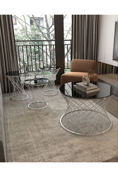 Puklife Hasır 4lü Zigon Sehpa Ve Orta Sehpa Seti Krom Ayak - Siyah Ayna