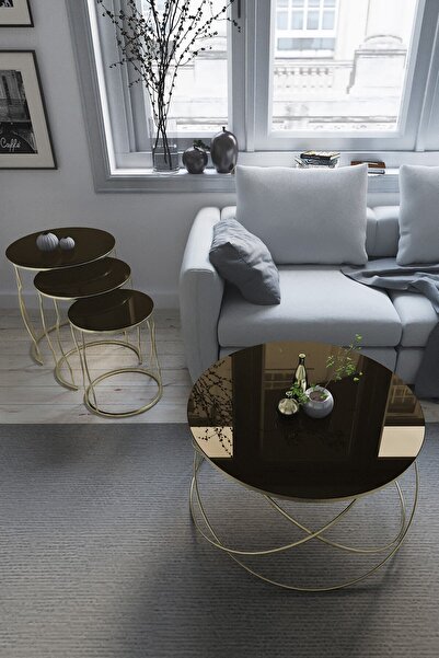 Puklife 4'lü Zigon Ve Orta Sehpa Seti Gold Ayak - Bronz Ayna