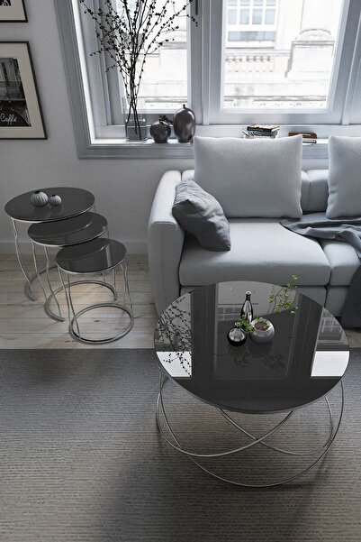 Puklife 4'lü Zigon Ve Orta Sehpa Seti Gümüş Ayak - Füme Ayna