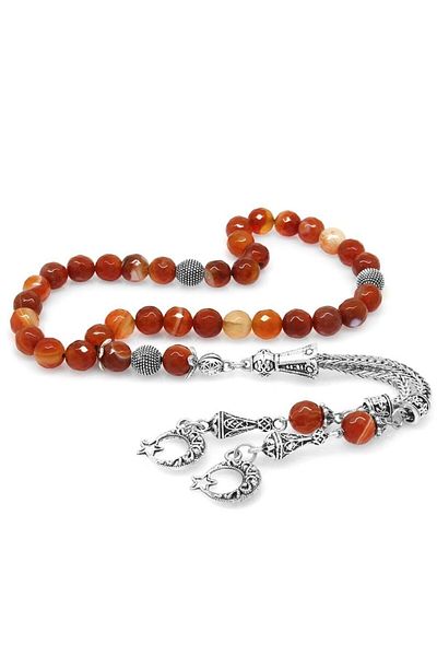 Tesbihane Non-Tarnish Metal Crescent Star Tasseled Faceted Globe Cut Red Agate Natural Stone Rosary